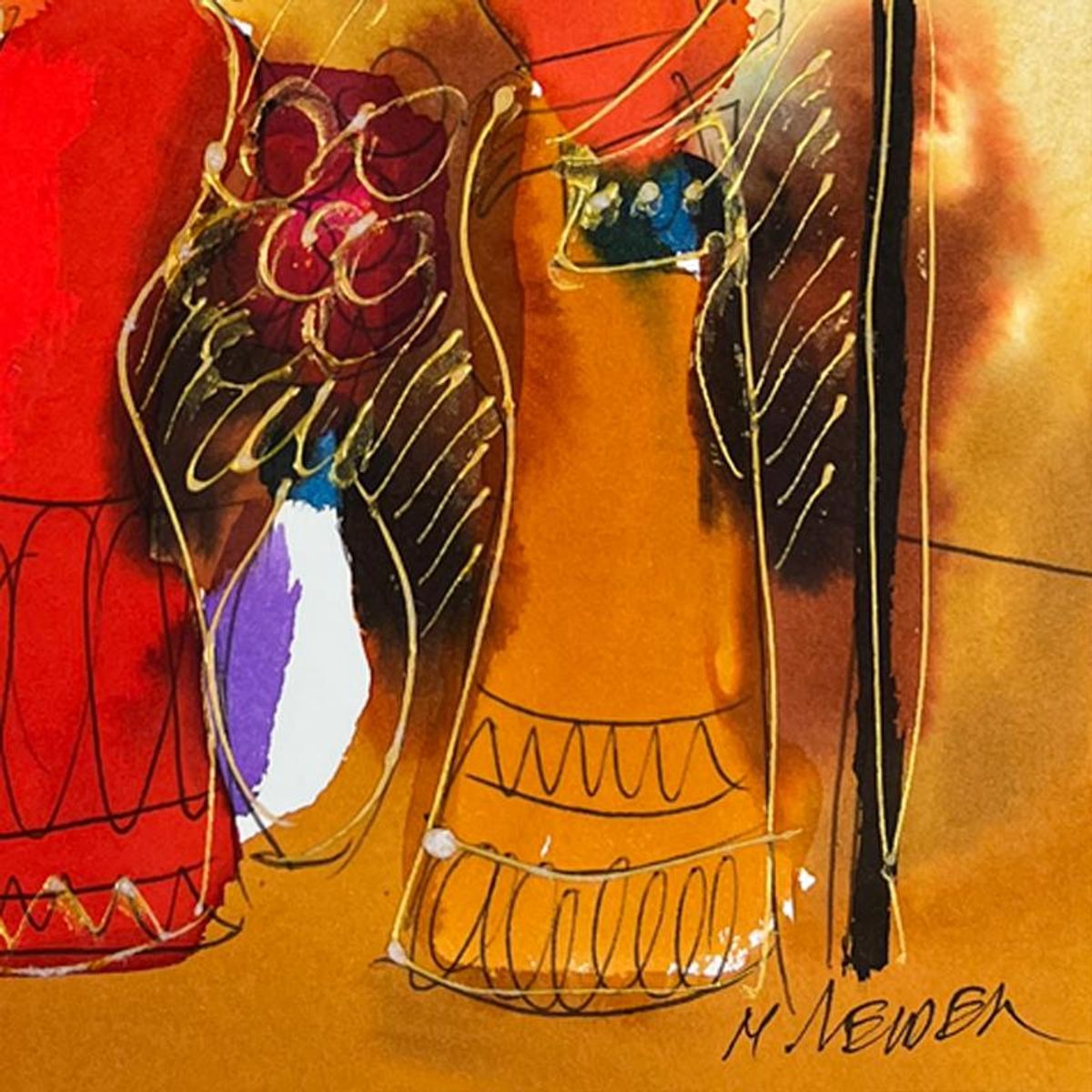 Moshe Leider, Framed Original Mixed Media Watercolor Painting, Hand Signed with Letter of Authenticity.