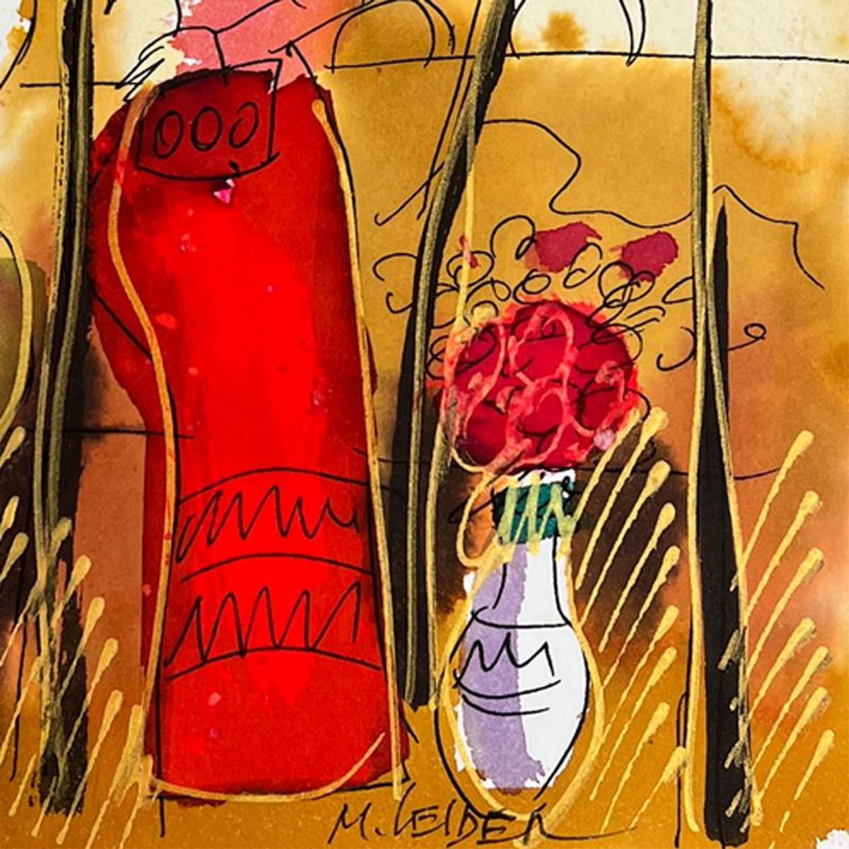 Moshe Leider, Framed Original Mixed Media Watercolor Painting, Hand Signed with Letter of Authenticity.