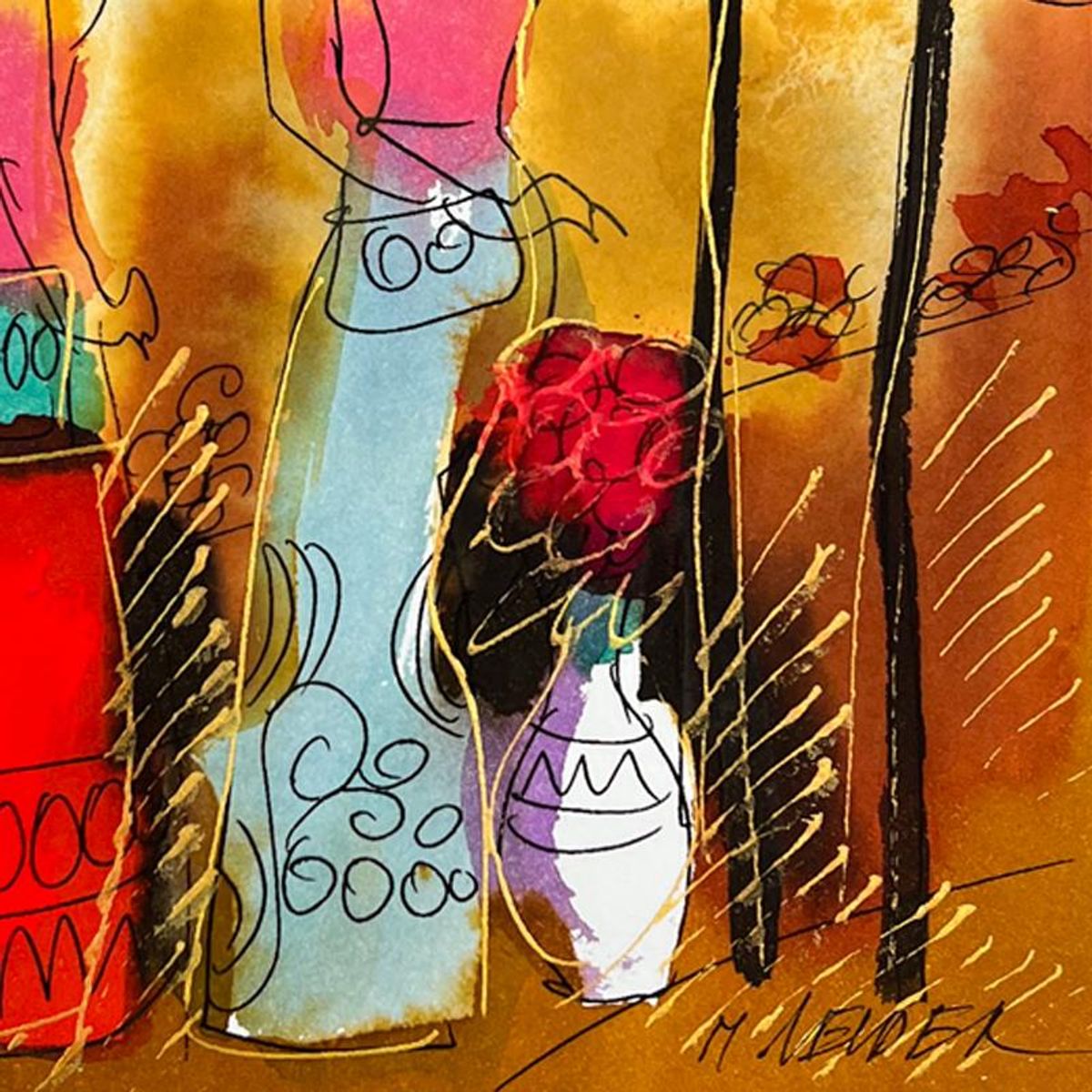 Moshe Leider, Framed Original Mixed Media Watercolor Painting, Hand Signed with Letter of Authenticity.