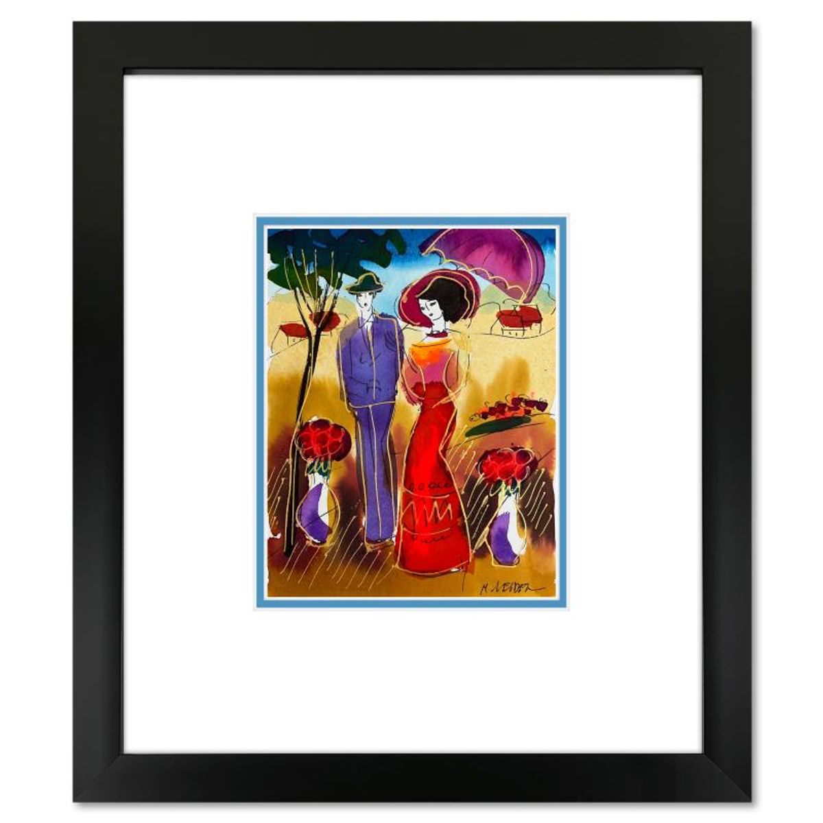 Moshe Leider, Framed Original Mixed Media Watercolor Painting, Hand Signed with Letter of Authenticity.
