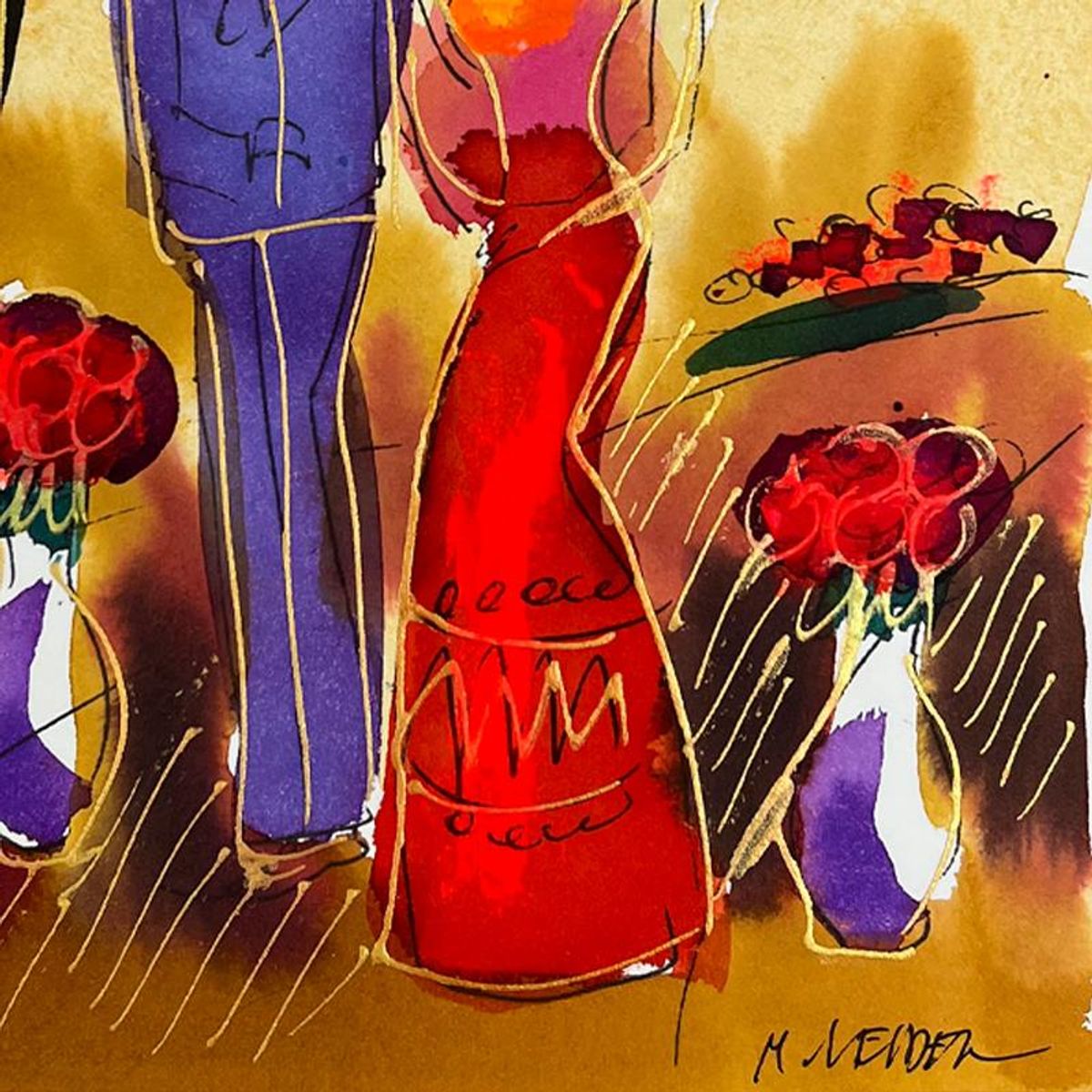 Moshe Leider, Framed Original Mixed Media Watercolor Painting, Hand Signed with Letter of Authenticity.