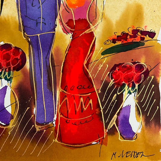 Moshe Leider, Framed Original Mixed Media Watercolor Painting, Hand Signed with Letter of Authenticity.
