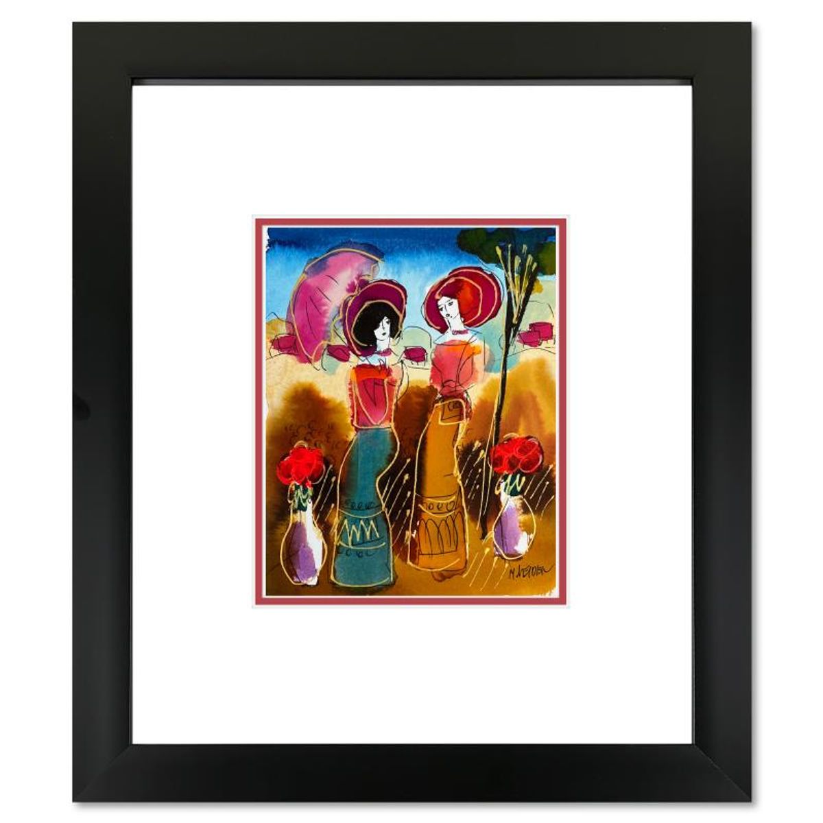 Moshe Leider, Framed Original Mixed Media Watercolor Painting, Hand Signed with Letter of Authenticity.
