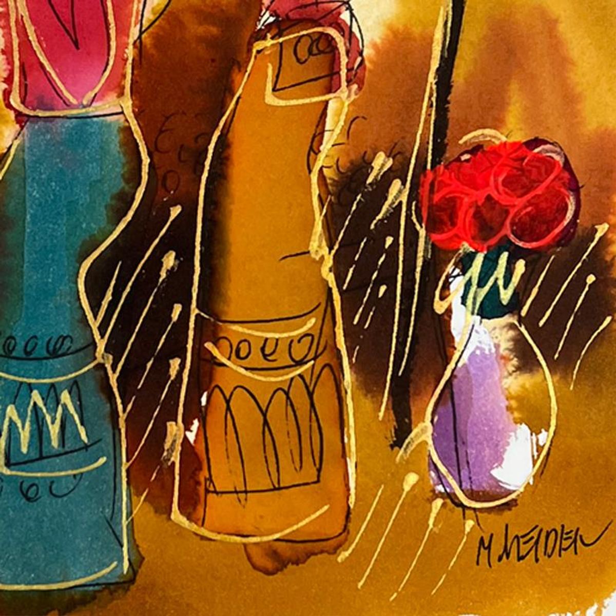 Moshe Leider, Framed Original Mixed Media Watercolor Painting, Hand Signed with Letter of Authenticity.