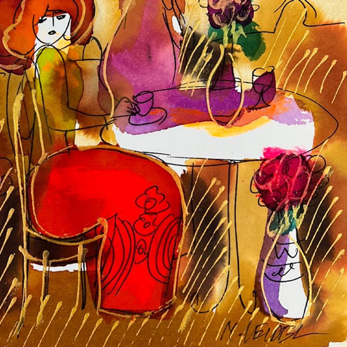 Moshe Leider, Framed Original Mixed Media Watercolor Painting, Hand Signed with Letter of Authenticity.