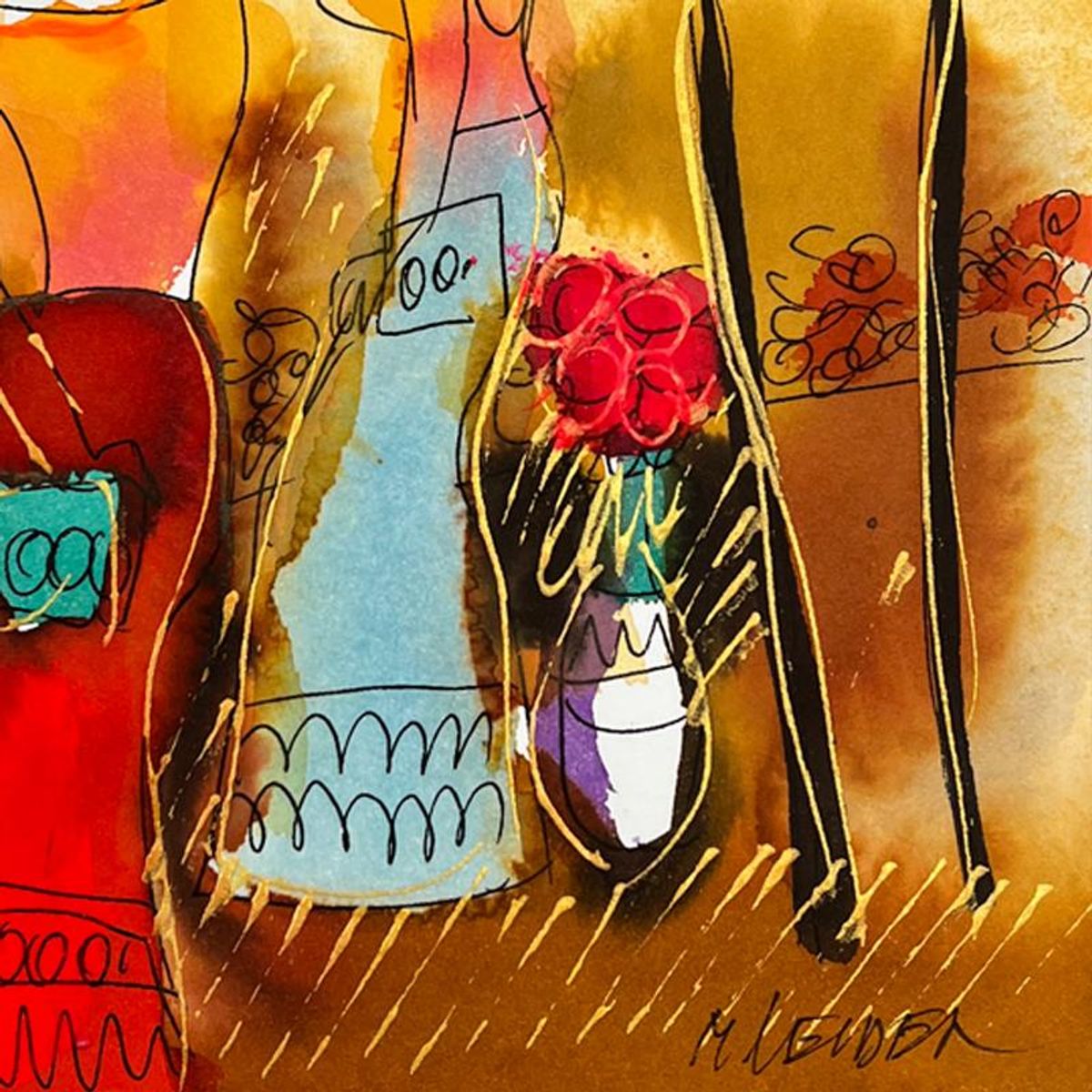 Moshe Leider, Framed Original Mixed Media Watercolor Painting, Hand Signed with Letter of Authenticity.