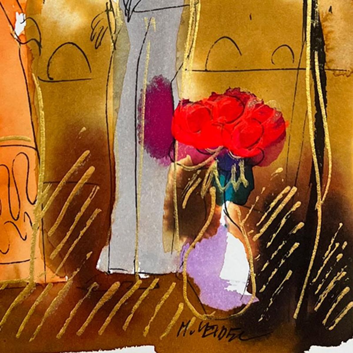 Moshe Leider, Framed Original Mixed Media Watercolor Painting, Hand Signed with Letter of Authenticity.