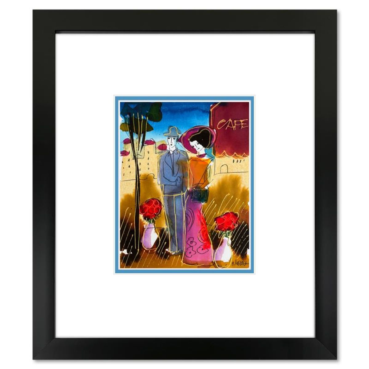 Moshe Leider, Framed Original Mixed Media Watercolor Painting, Hand Signed with Letter of Authenticity.