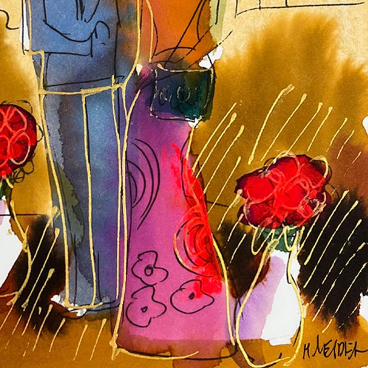 Moshe Leider, Framed Original Mixed Media Watercolor Painting, Hand Signed with Letter of Authenticity.