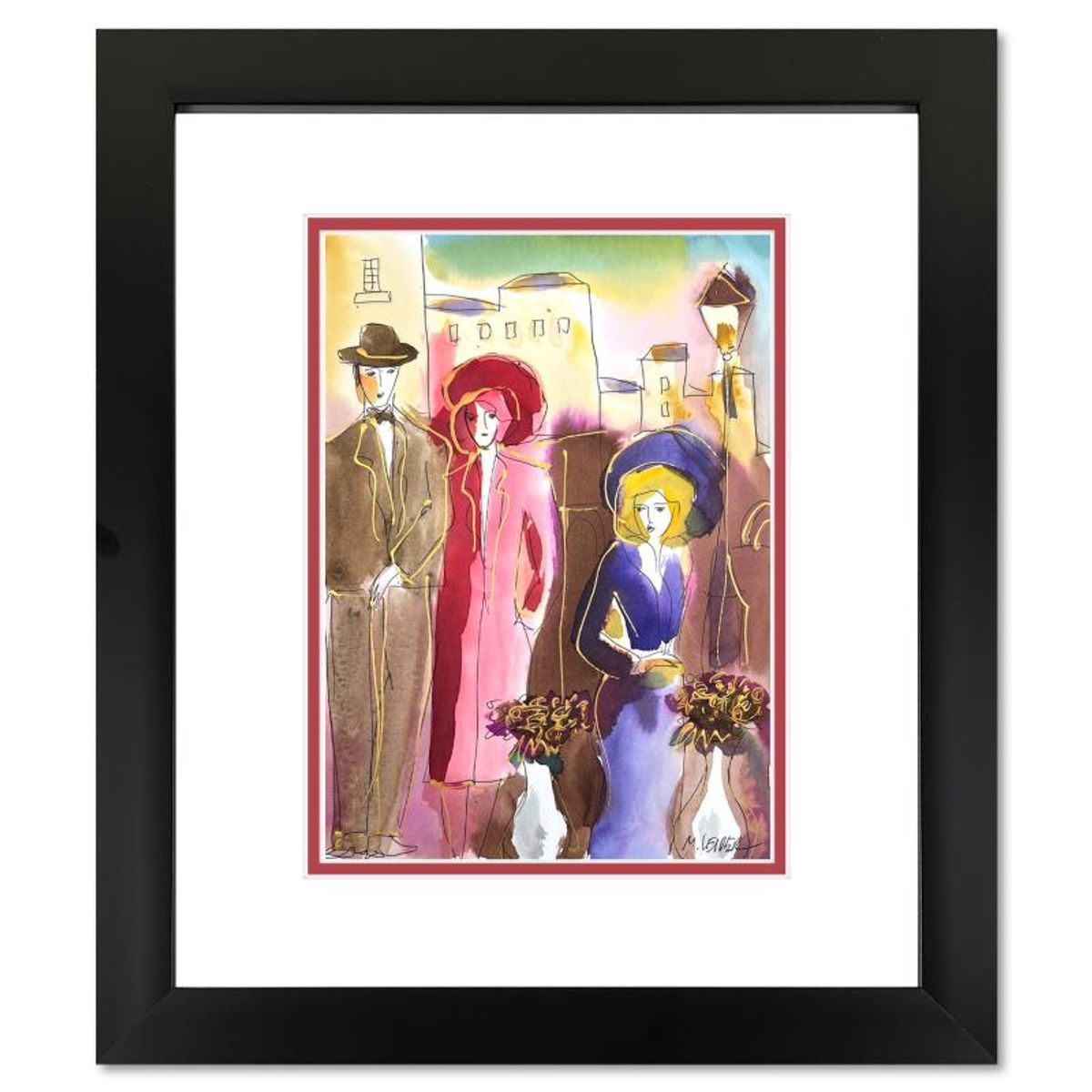Moshe Leider, Framed Original Mixed Media Watercolor Painting, Hand Signed with Letter of Authenticity.
