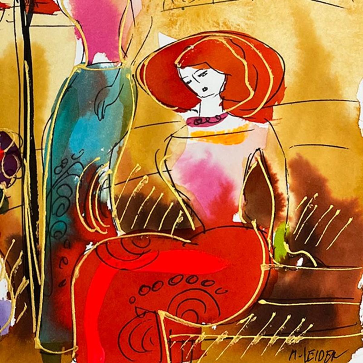 Moshe Leider, Framed Original Mixed Media Watercolor Painting, Hand Signed with Letter of Authenticity.