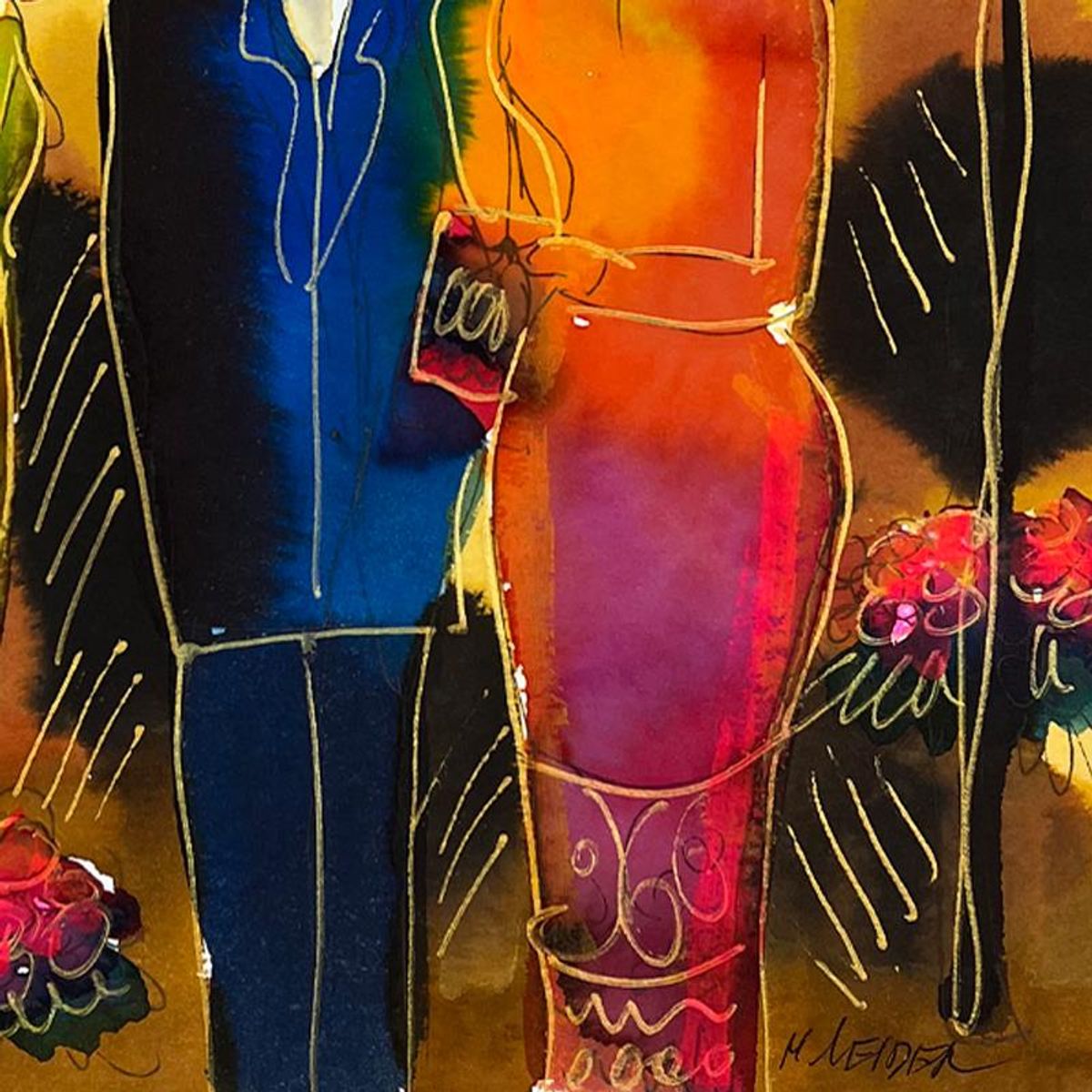 Moshe Leider, Framed Original Mixed Media Watercolor Painting, Hand Signed with Letter of Authenticity.