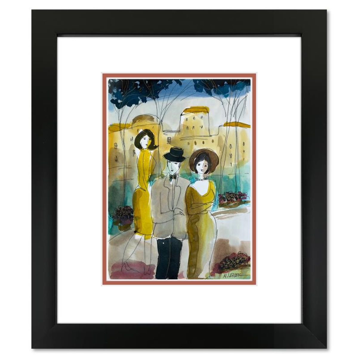 Moshe Leider, Framed Original Mixed Media Watercolor Painting, Hand Signed with Letter of Authenticity.