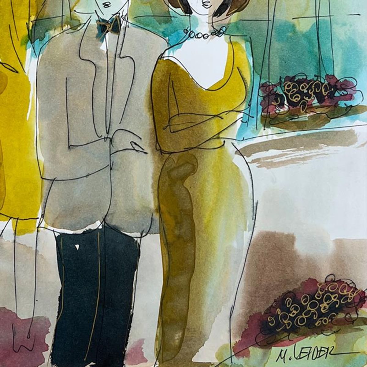 Moshe Leider, Framed Original Mixed Media Watercolor Painting, Hand Signed with Letter of Authenticity.