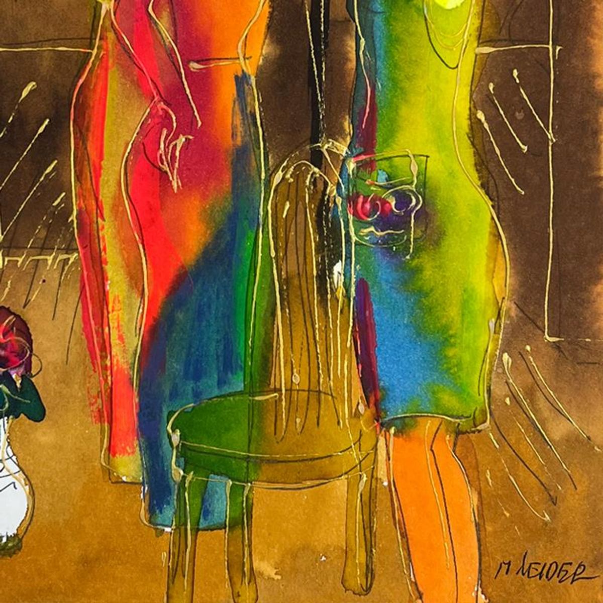 Moshe Leider, Framed Original Mixed Media Watercolor Painting, Hand Signed with Letter of Authenticity.