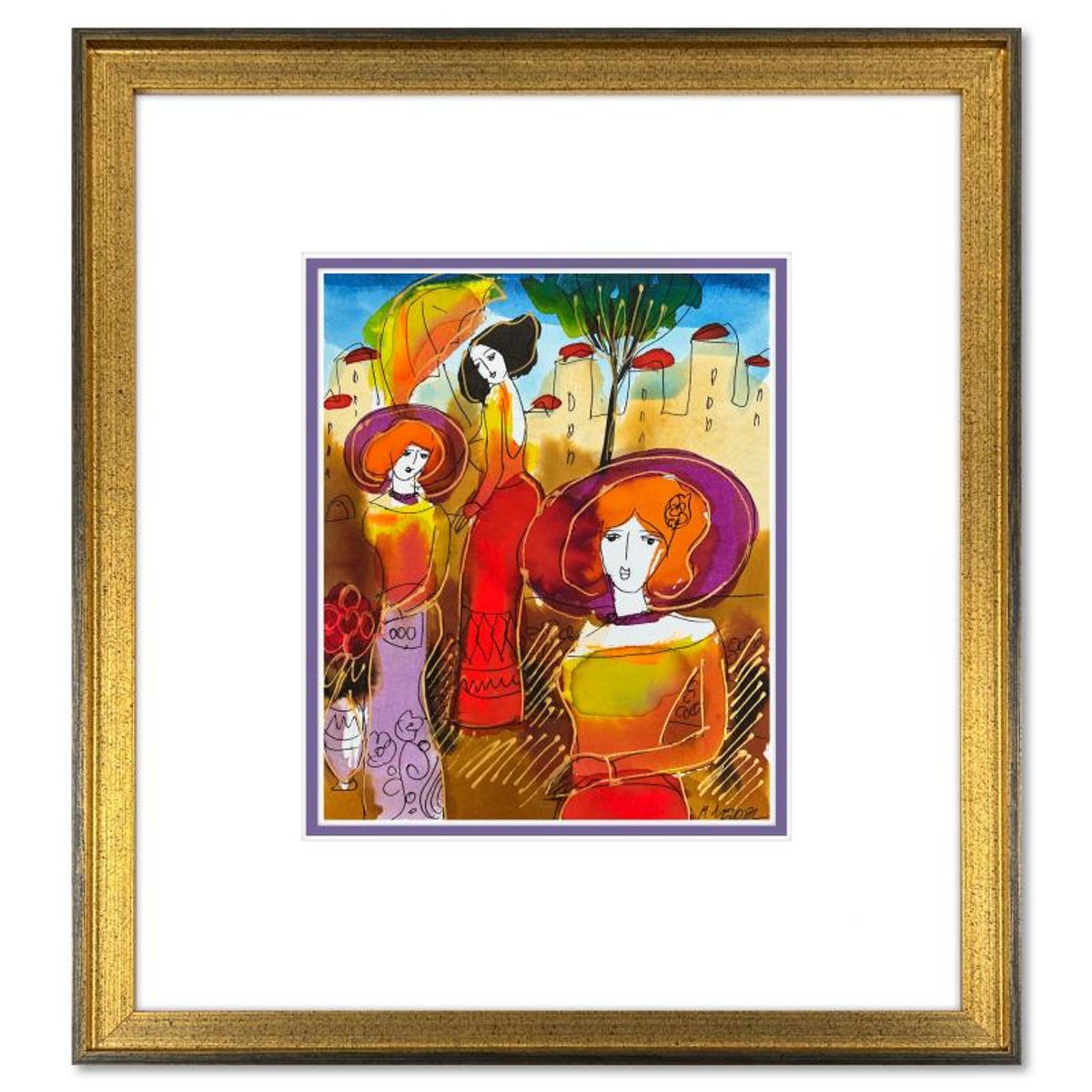 Moshe Leider, Framed Original Mixed Media Watercolor Painting, Hand Signed with Letter of Authenticity.