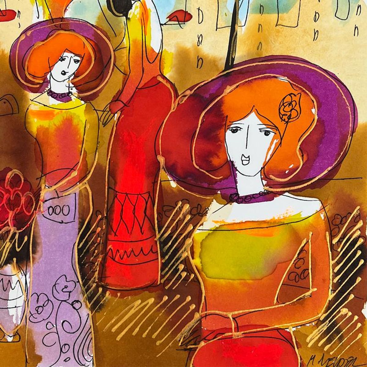 Moshe Leider, Framed Original Mixed Media Watercolor Painting, Hand Signed with Letter of Authenticity.