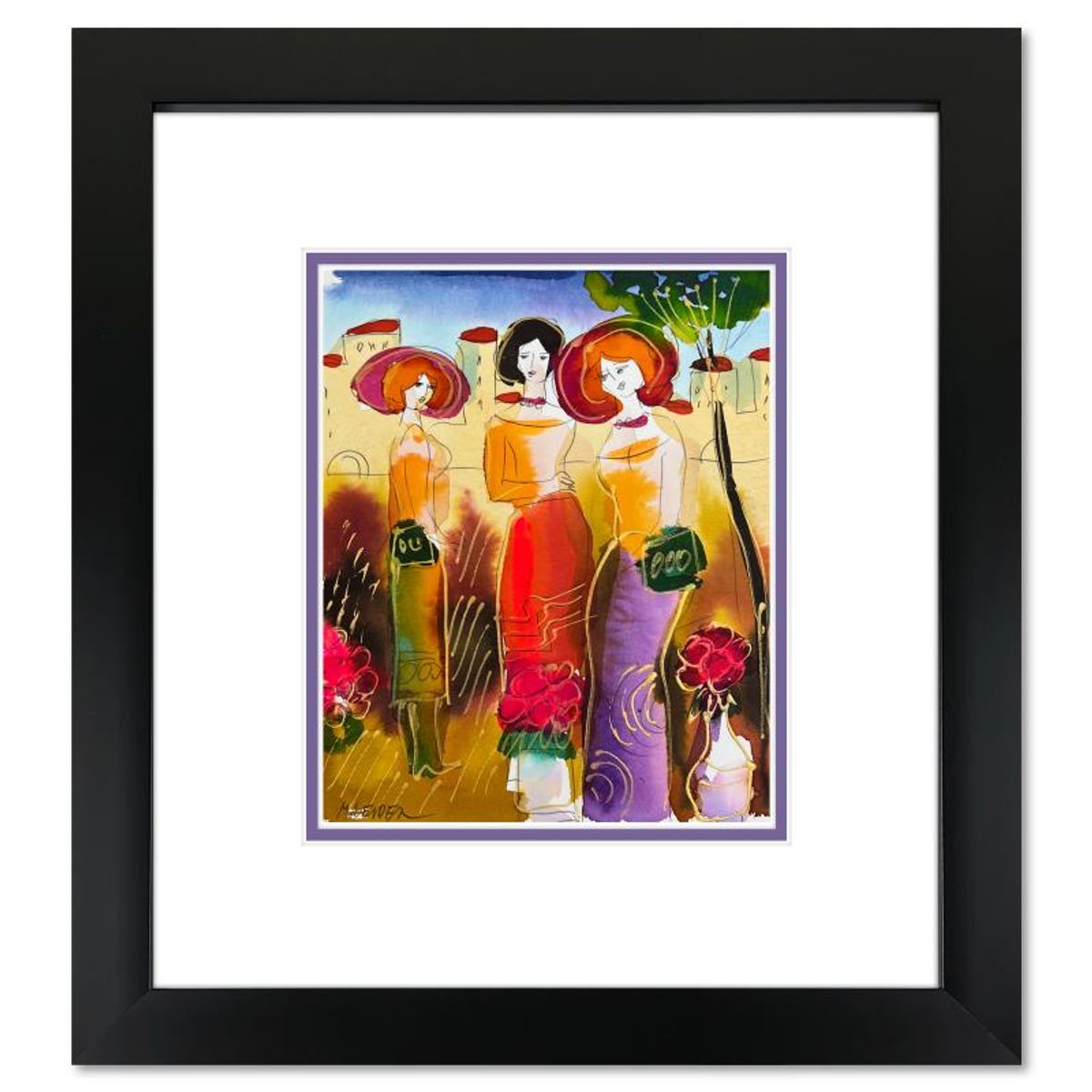 Moshe Leider, Framed Original Mixed Media Watercolor Painting, Hand Signed with Letter of Authenticity.