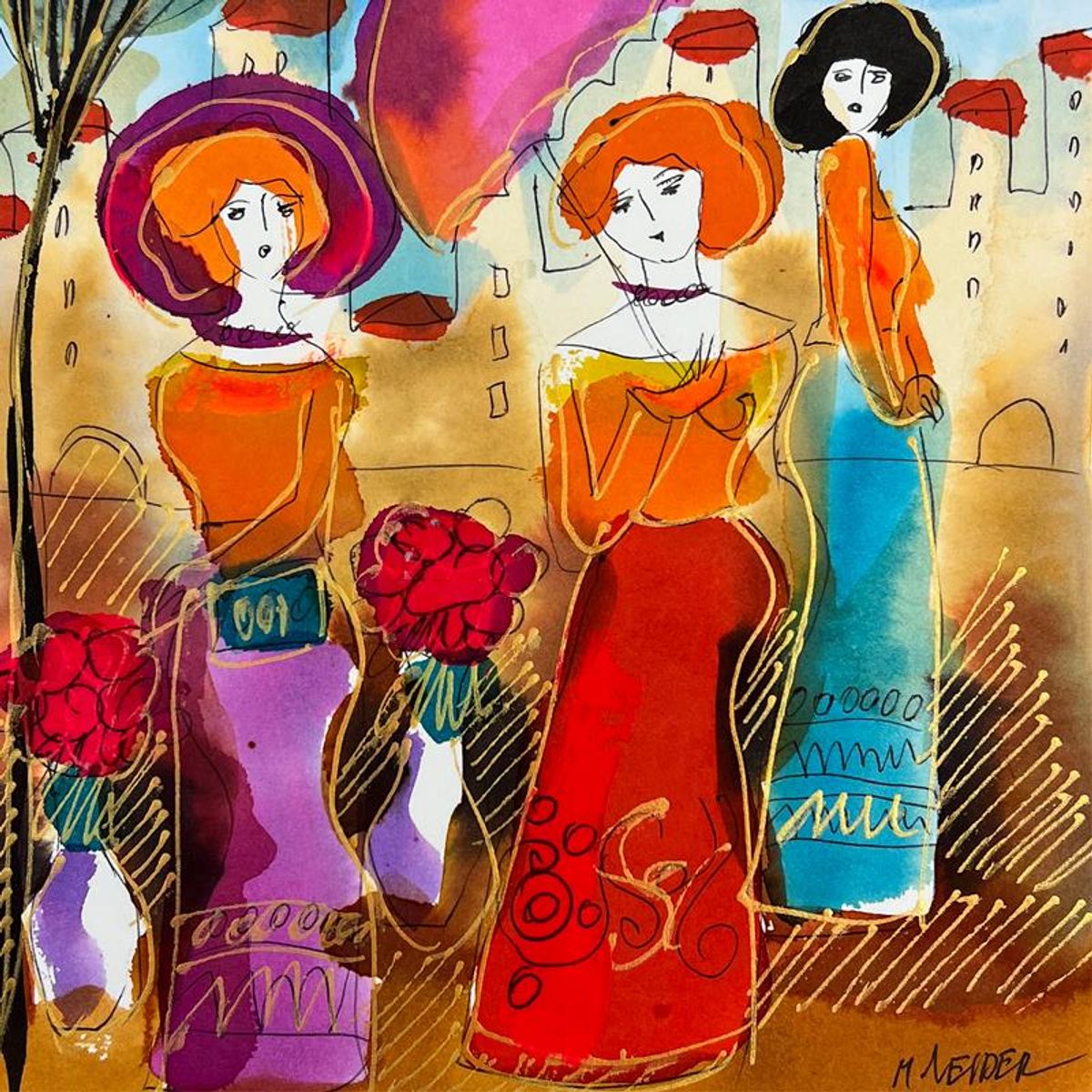 Moshe Leider, Framed Original Mixed Media Watercolor Painting, Hand Signed with Letter of Authenticity.