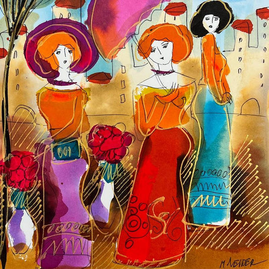 Moshe Leider, Framed Original Mixed Media Watercolor Painting, Hand Signed with Letter of Authenticity.