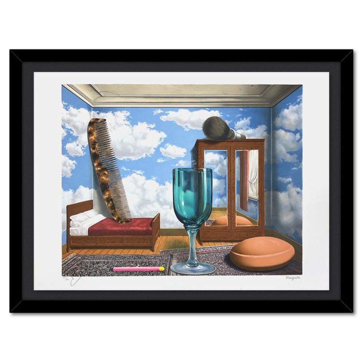 Rene Magritte 1898-1967 (After), "Les Valeurs Personnelles (Personal Values)" Framed Limited Edition Lithograph, Estate Signed and Numbered 241/300 with Certificate of Authenticity.
