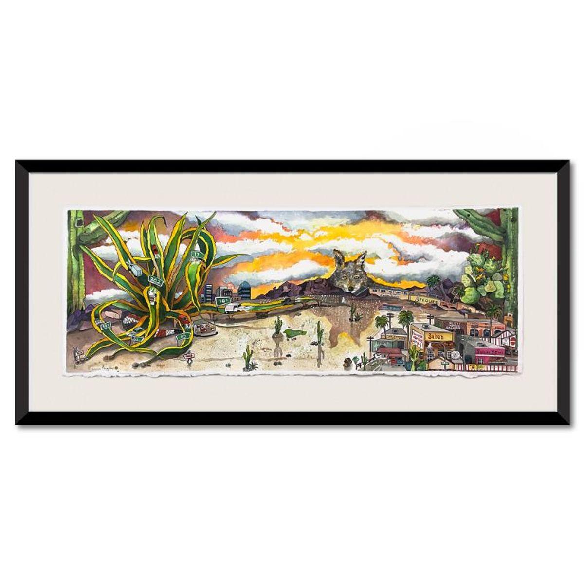 Linnea Pergola, "110 degrees in Arizona" Framed Original Watercolor Painting, Hand Signed with Letter of Authenticity.