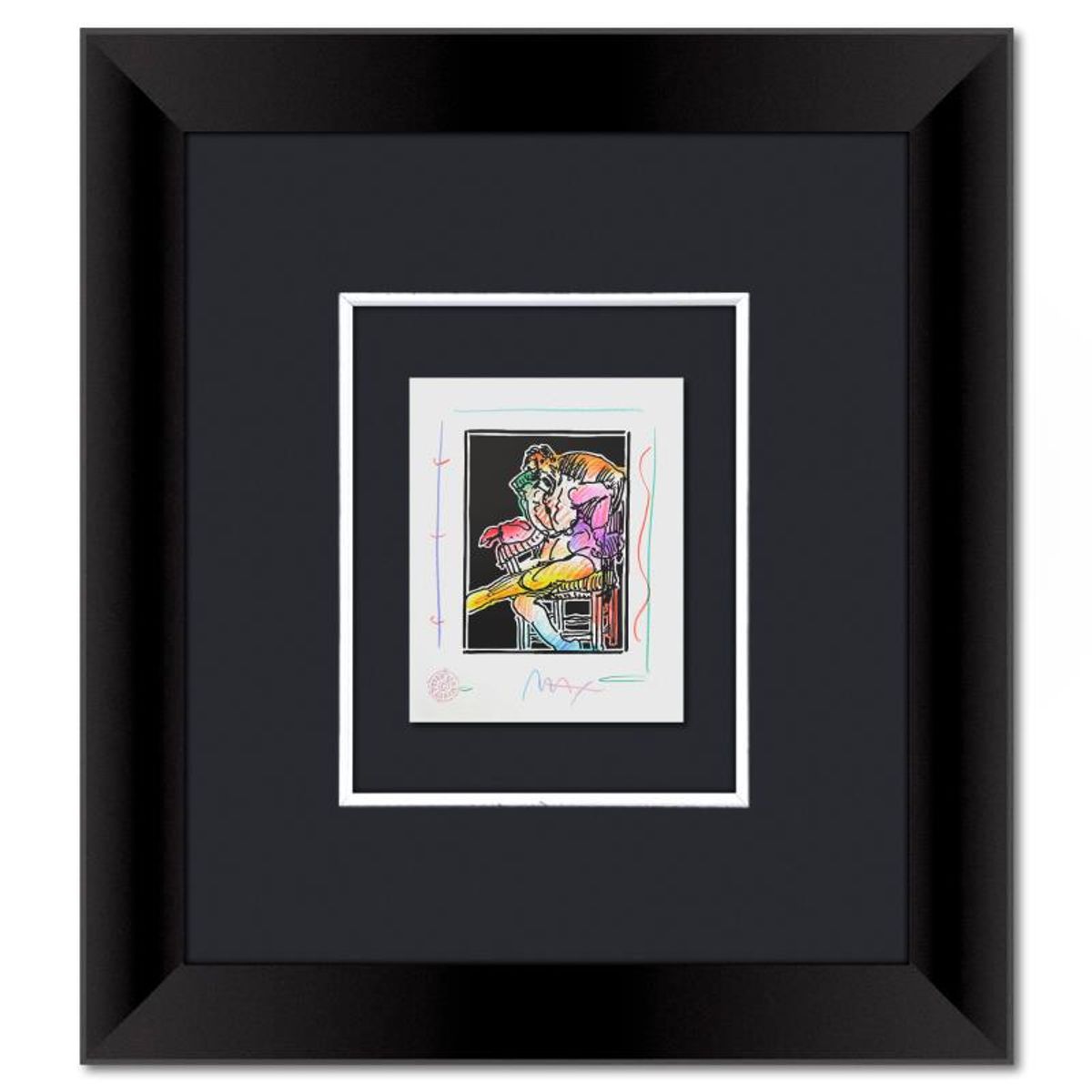 Peter Max, "Seated Figure" Framed One-of-a-Kind Mixed Media, Hand Signed with Registration Number Certifying Authenticity.