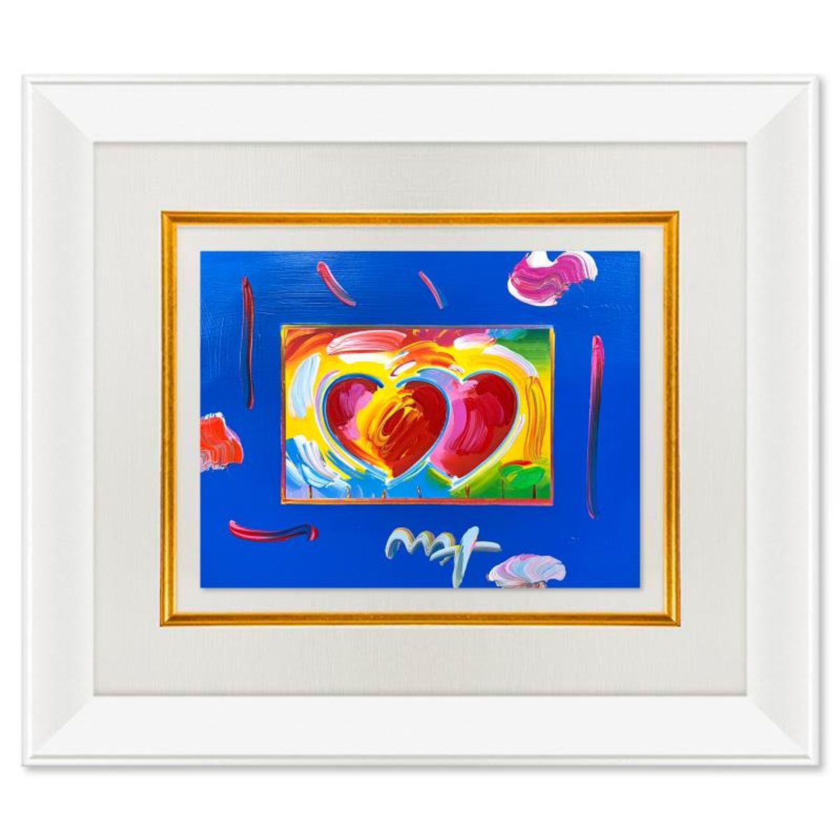 Peter Max, "2 Hearts" Framed One-of-a-Kind Acrylic Mixed Media, Hand Signed with Registration Number Certifying Authenticity