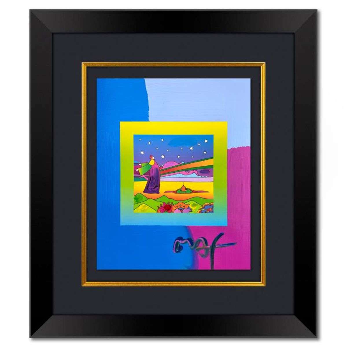 Peter Max, "2 Sages with Stars" Framed One-of-a-Kind Mixed Media, Hand Signed with Registration Number Certifying Authenticity.