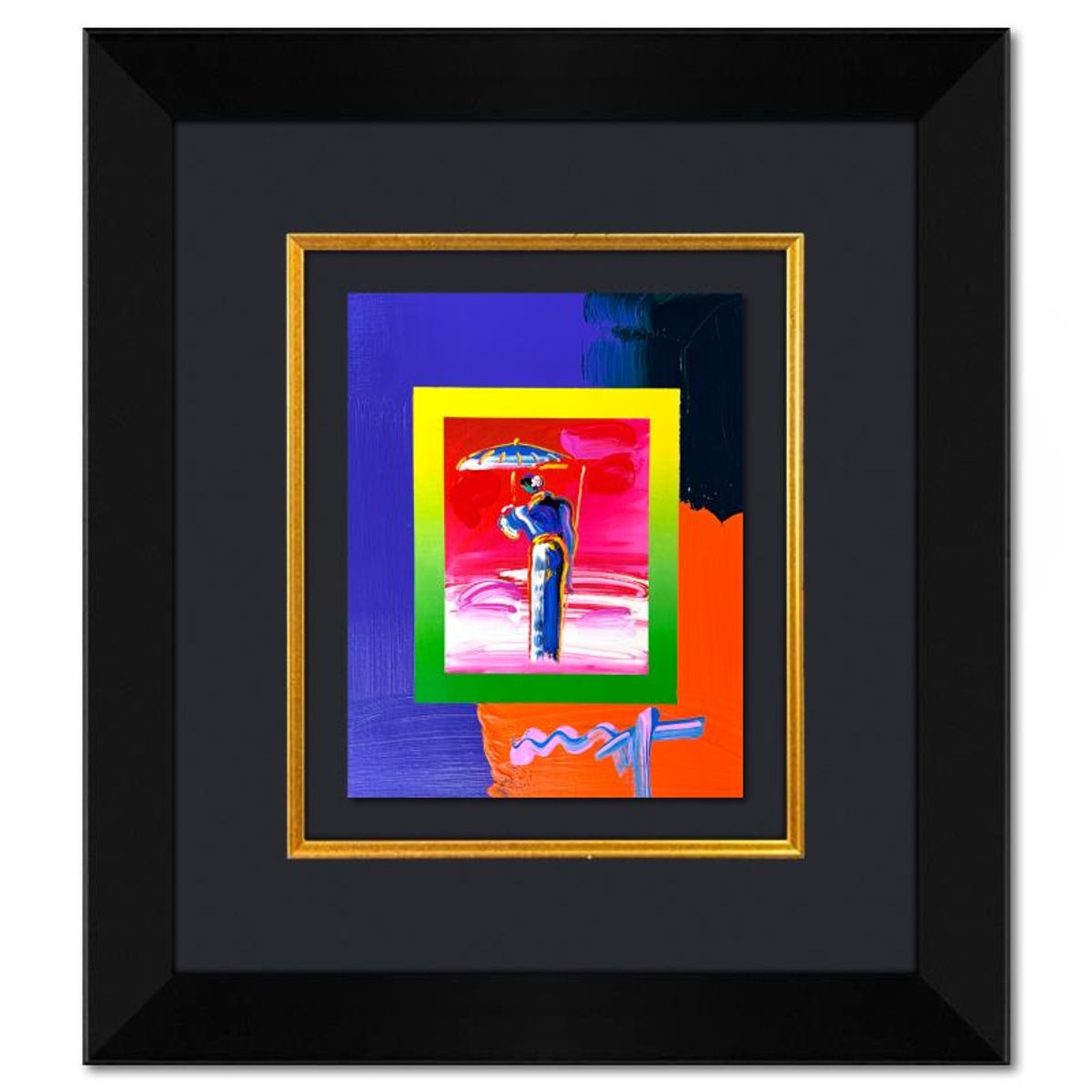 Peter Max, "Umbrella Man with Cane" Framed One-of-a-Kind Acrylic Mixed Media, Hand Signed with Registration Number Certifying Authenticity