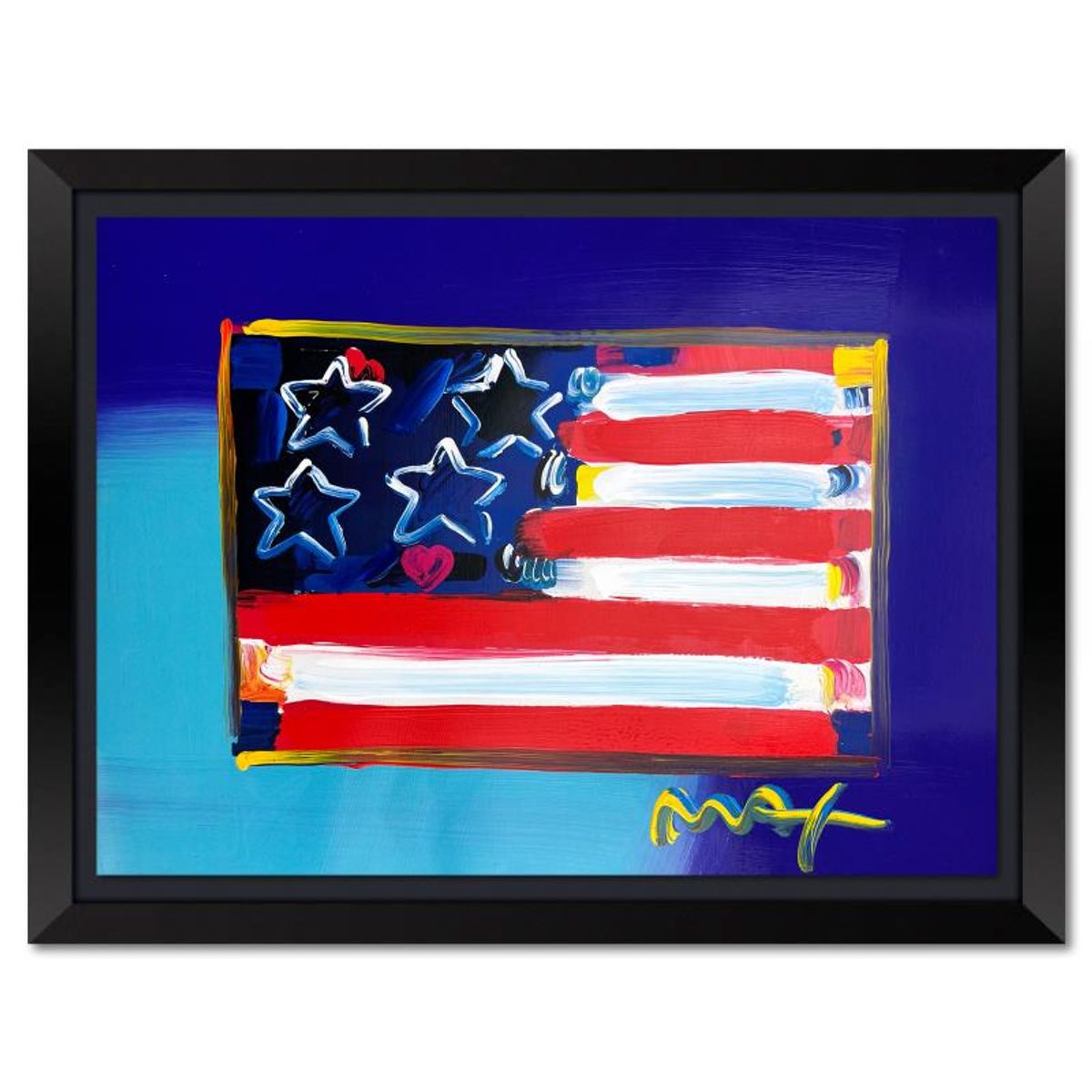 Peter Max, "Flag" Framed One-of-a-Kind Mixed Media, Hand Signed with Registration Number Certifying Authenticity.