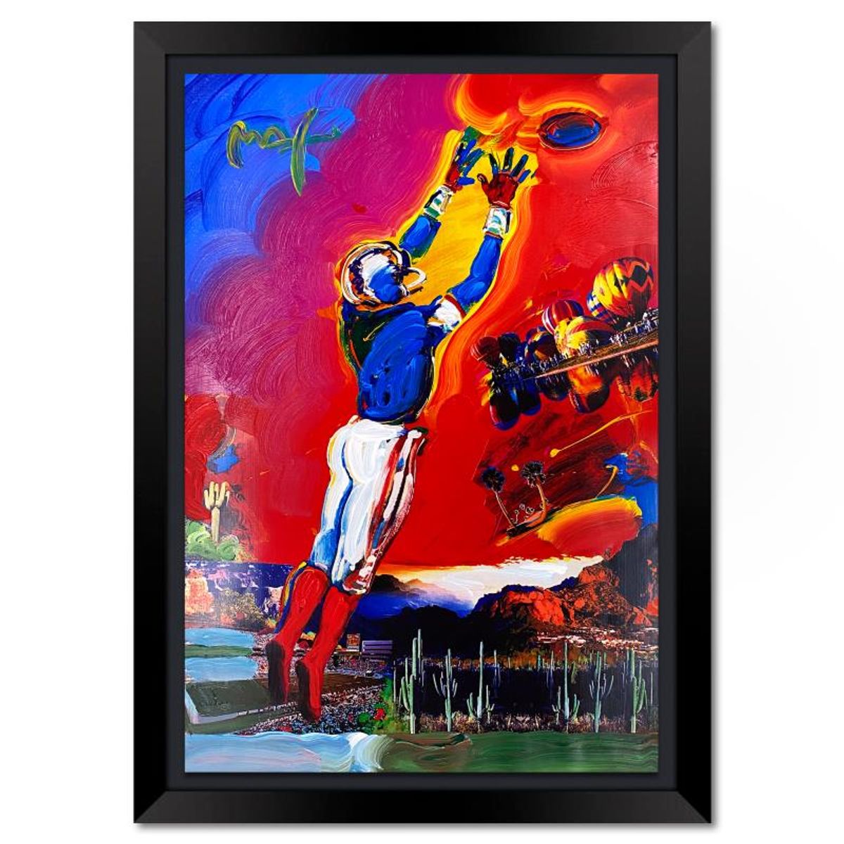 Peter Max, "Superbowl XXX" Framed One-of-a-Kind Mixed Media, Hand Signed with Registration Number Certifying Authenticity.