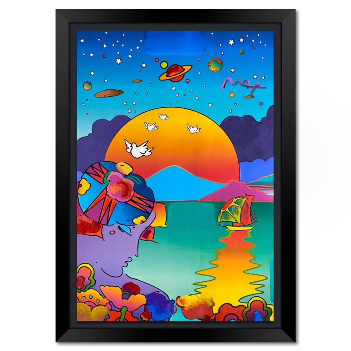 Peter Max, "New Horizon" Framed One-of-a-Kind Mixed Media, Hand Signed with Registration Number Certifying Authenticity.