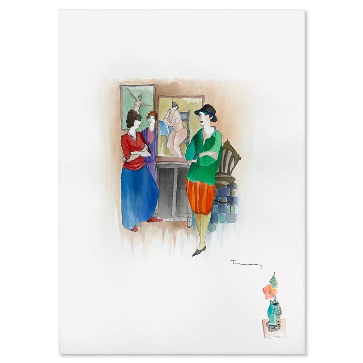 Itzchak Tarkay (1935-2012), Original Mixed Media Watercolor Painting on Paper, Hand Signed with Letter of Authenticity