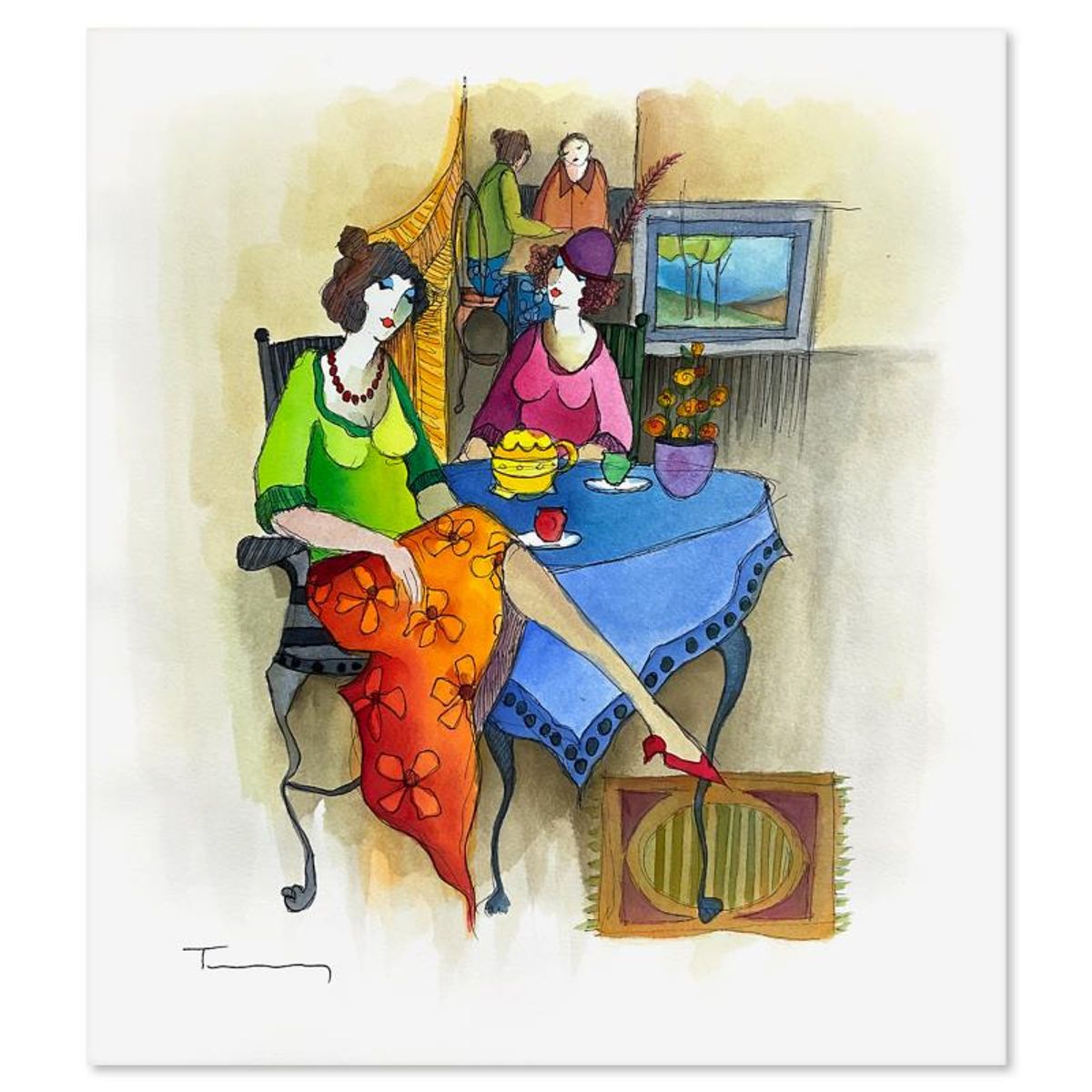 Itzchak Tarkay (1935-2012), Original Mixed Media Watercolor Painting on Paper, Hand Signed with Letter of Authenticity