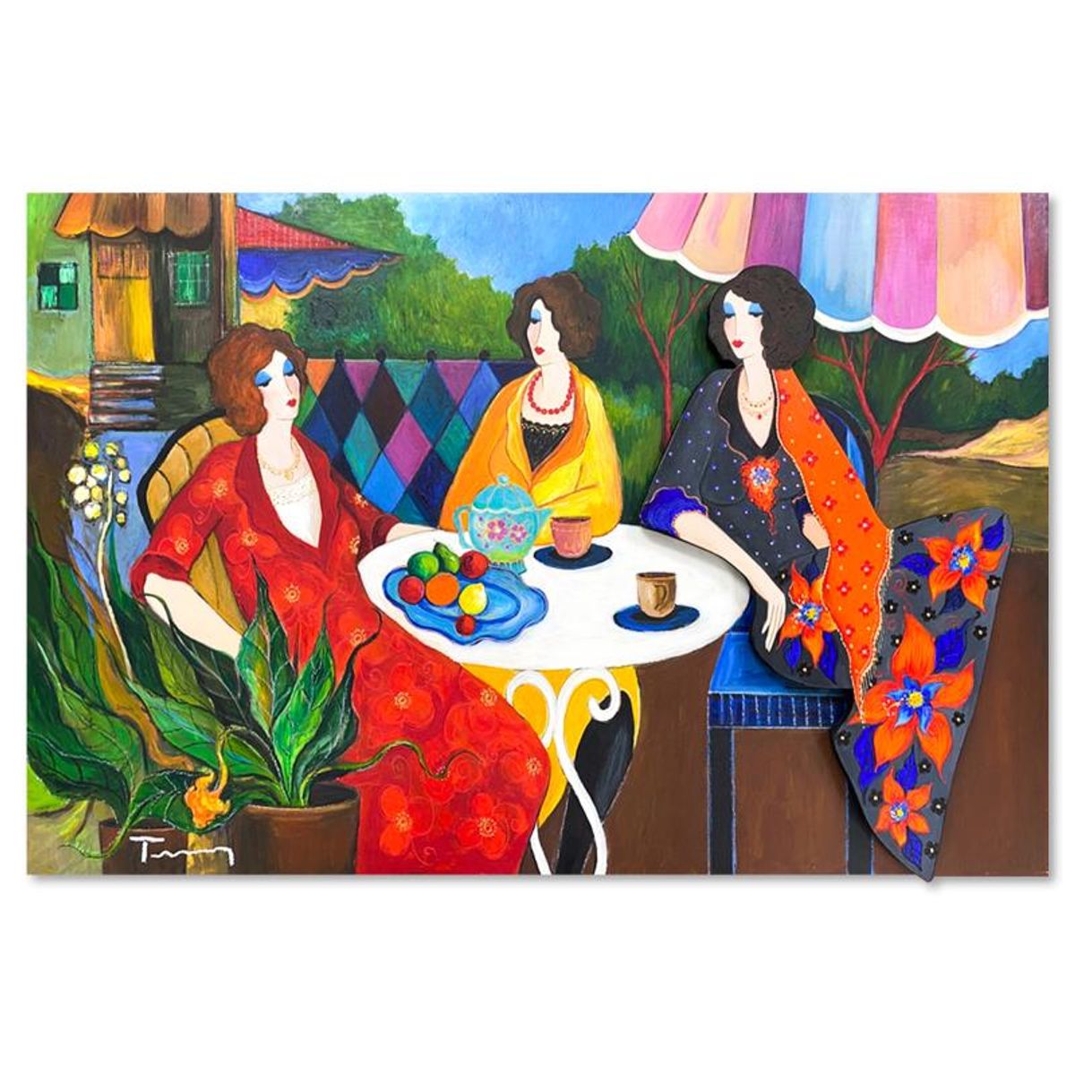 Itzchak Tarkay (1935-2012), "Spring Afternoon" One-of-a-Kind Mixed Media Over Paint on Wood, Hand Signed with Letter of Authenticity