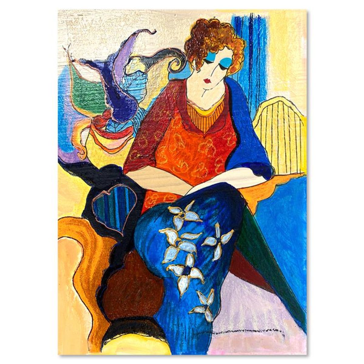 Itzchak Tarkay (1935-2012), "Waiting" One-of-a-Kind Mixed Media Over Paint on Wood, Hand Signed with Letter of Authenticity