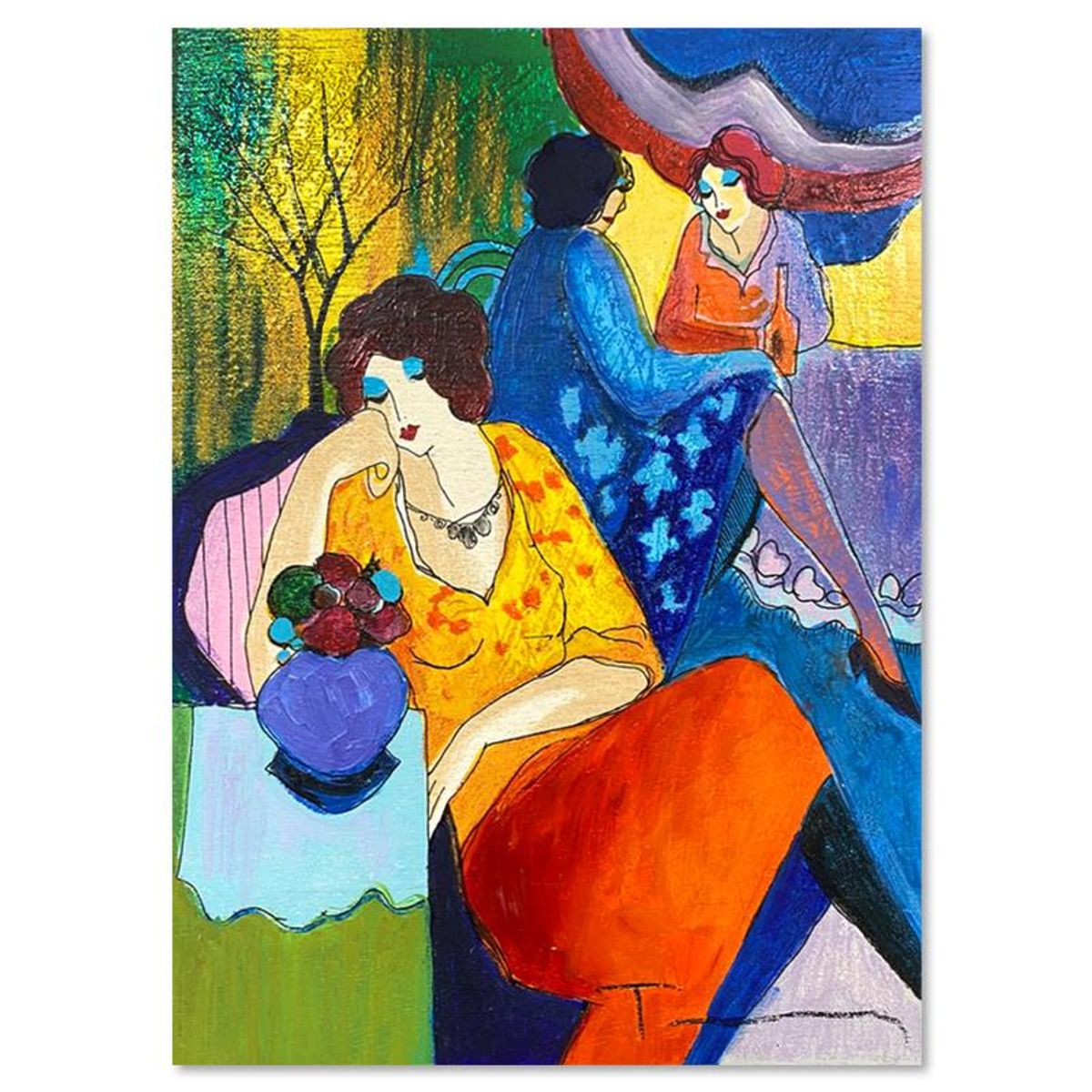 Itzchak Tarkay (1935-2012), "Quiet Afternoon" One-of-a-Kind Mixed Media Over Paint on Wood, Hand Signed with Letter of Authenticity