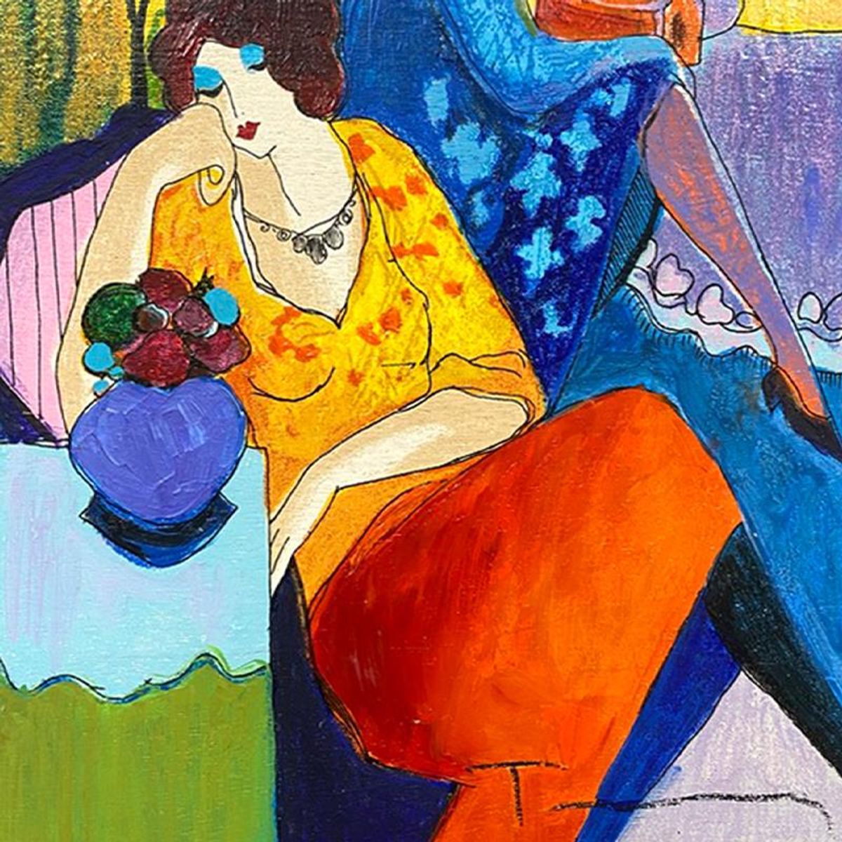 Itzchak Tarkay (1935-2012), "Quiet Afternoon" One-of-a-Kind Mixed Media Over Paint on Wood, Hand Signed with Letter of Authenticity