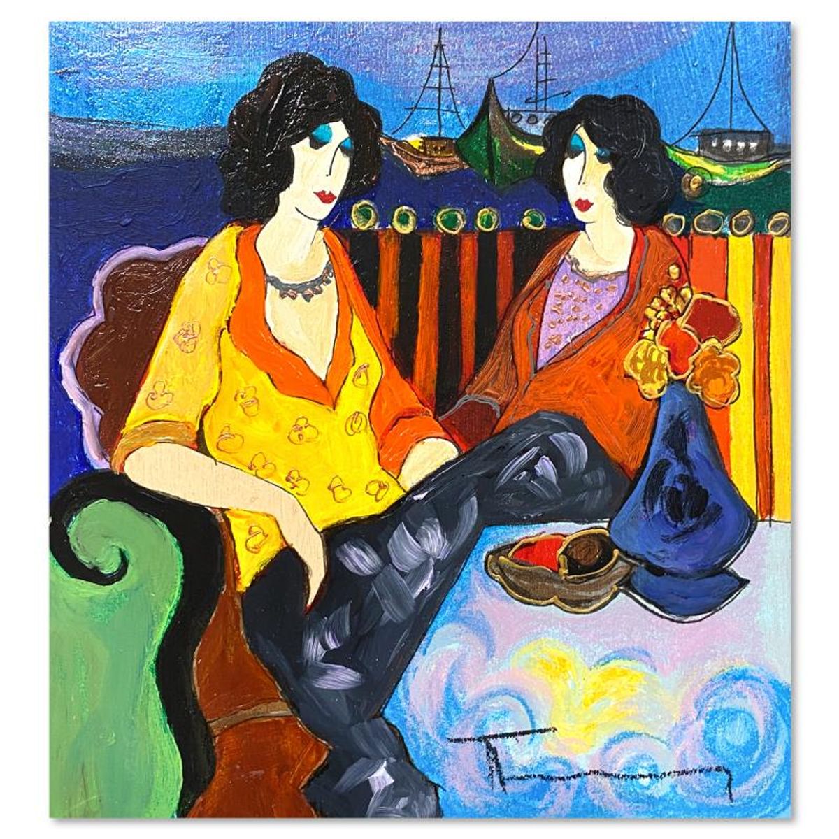 Itzchak Tarkay (1935-2012), "At the Port" One-of-a-Kind Mixed Media Over Paint on Wood, Hand Signed with Letter of Authenticity