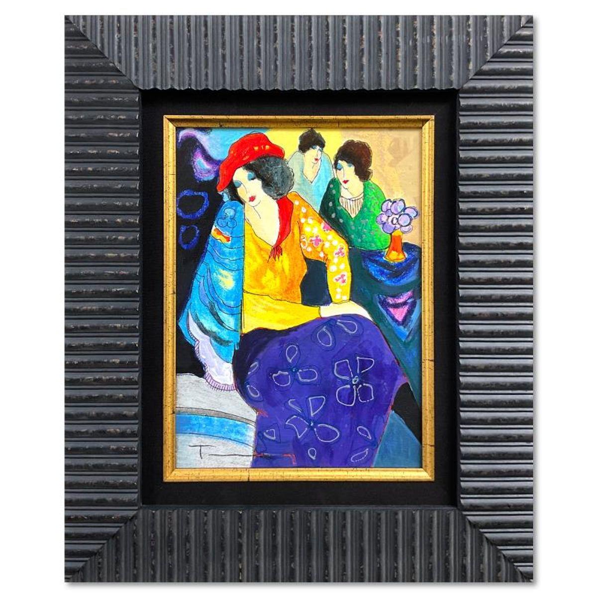 Itzchak Tarkay (1935-2012), "Blue Mood" Framed One-of-a-Kind Mixed Media Over Paint on Wood, Hand Signed with Letter of Authenticity