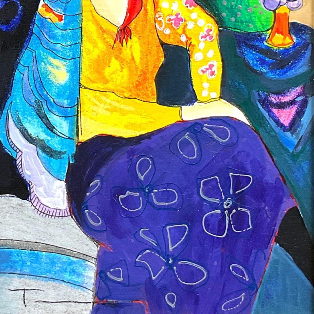 Itzchak Tarkay (1935-2012), "Blue Mood" Framed One-of-a-Kind Mixed Media Over Paint on Wood, Hand Signed with Letter of Authenticity
