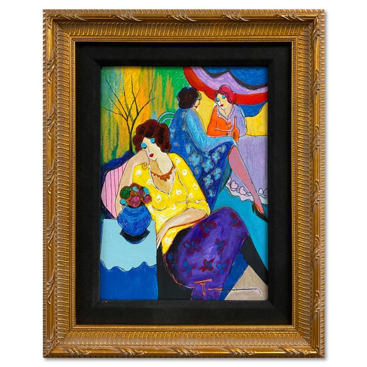Itzchak Tarkay (1935-2012), "Quiet Afternoon" Framed One-of-a-Kind Mixed Media Over Paint on Wood, Hand Signed with Letter of Authenticity