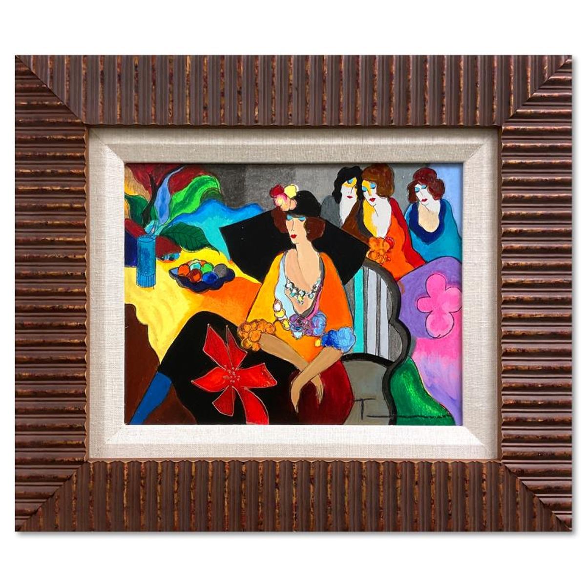 Itzchak Tarkay (1935-2012), "Gossip" Framed One-of-a-Kind Mixed Media Over Paint on Wood, Hand Signed with Letter of Authenticity