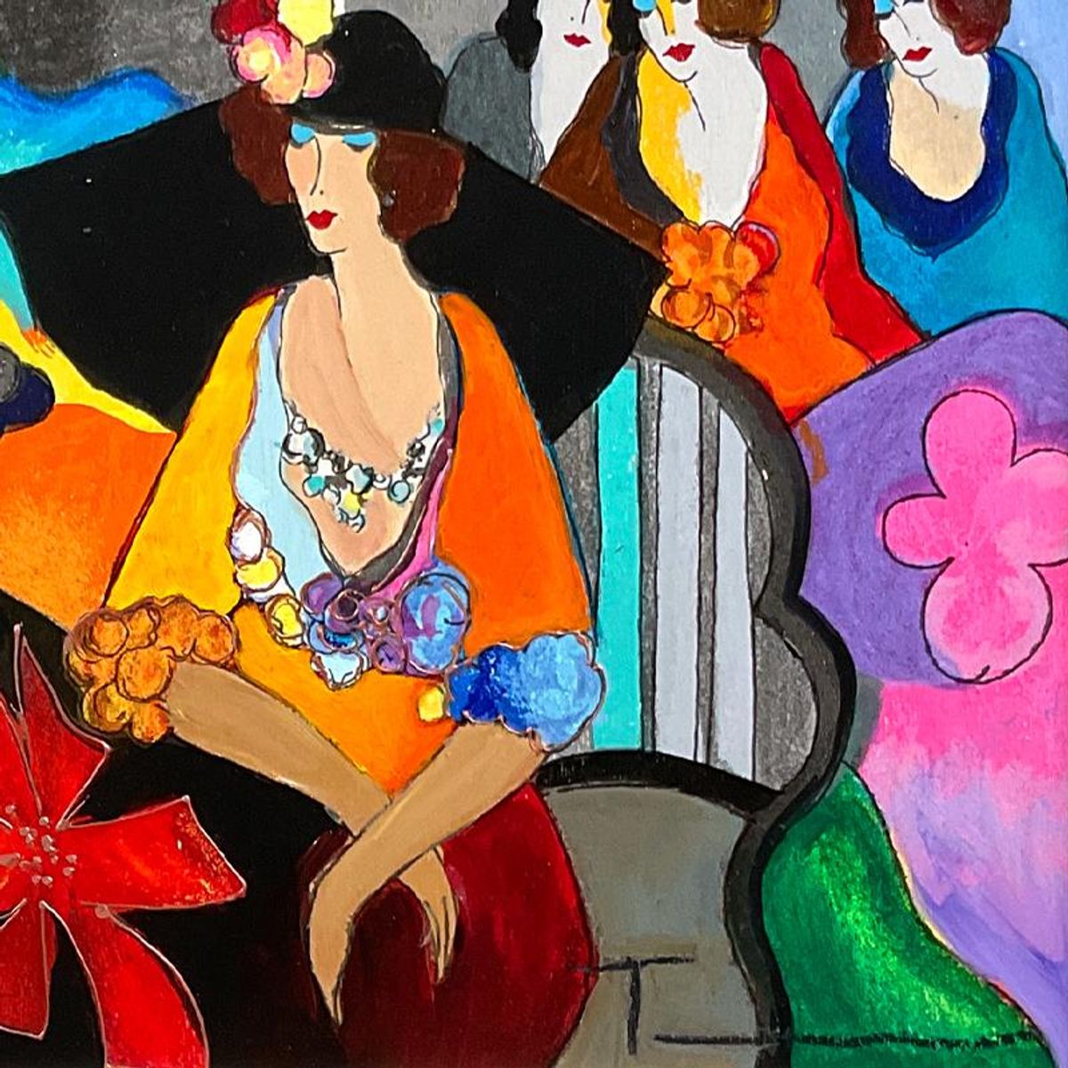 Itzchak Tarkay (1935-2012), "Gossip" Framed One-of-a-Kind Mixed Media Over Paint on Wood, Hand Signed with Letter of Authenticity