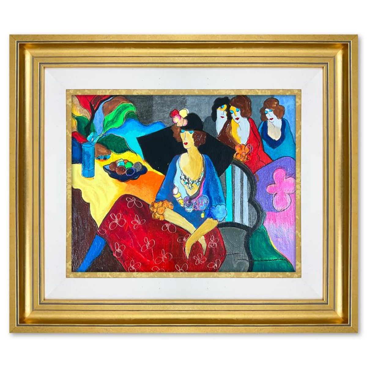 Itzchak Tarkay (1935-2012), "Gossip" Framed One-of-a-Kind Mixed Media Over Paint on Wood, Hand Signed with Letter of Authenticity