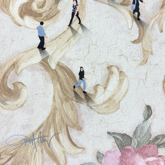 Craig Alan, "Fragments (Populous)" Framed Original Mixed Media on Vintage Wallpaper, Hand Signed with Letter of Authenticity.