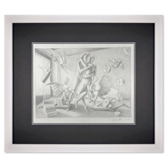 Mark Kostabi, "Unbreakable Bond" Framed Original Drawing on Paper, Hand Signed with Certificate of Authenticity.