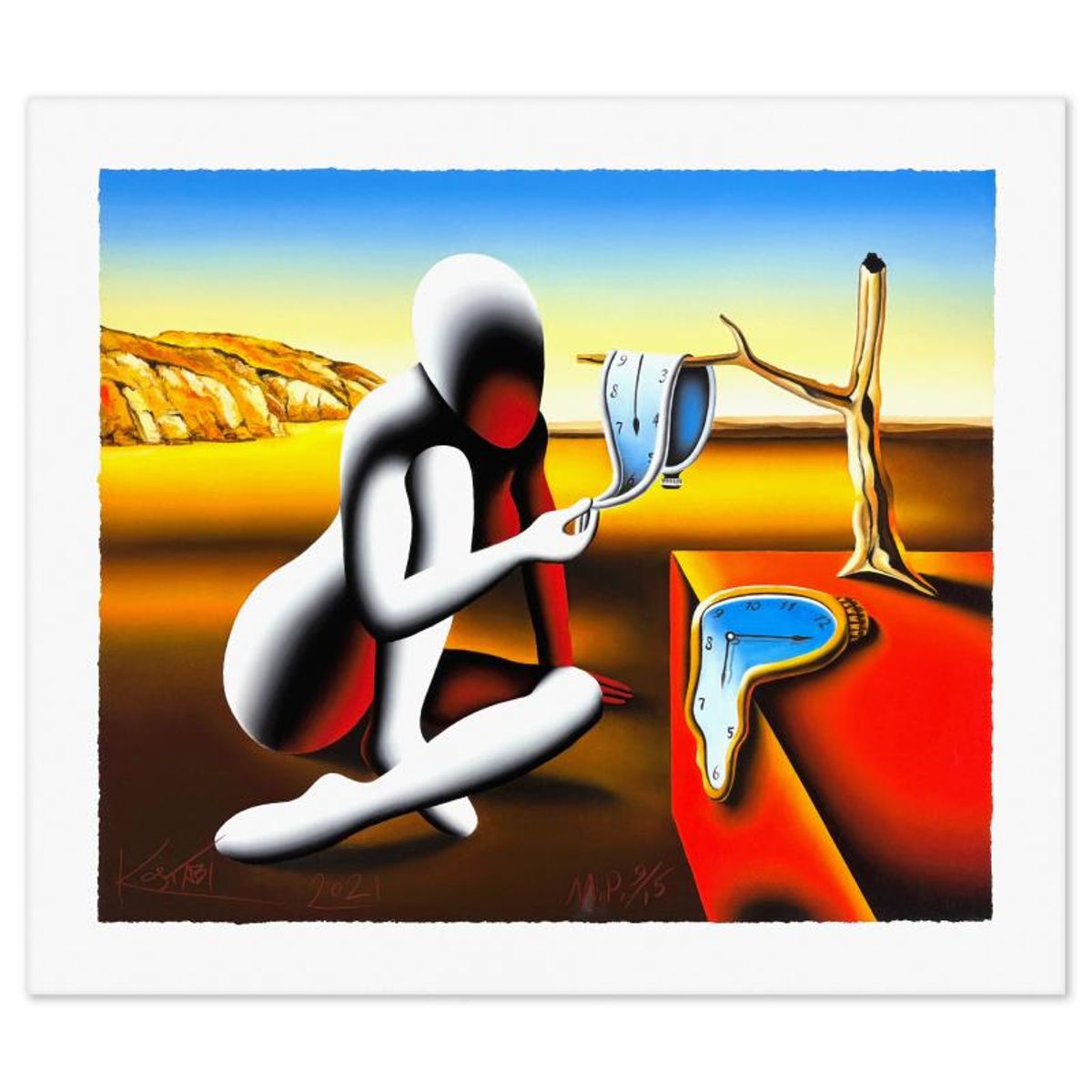 Mark Kostabi, "Time Will Tell" Limited Edition, MP Numbered 9/15 and Hand Signed with Letter of Authenticity.