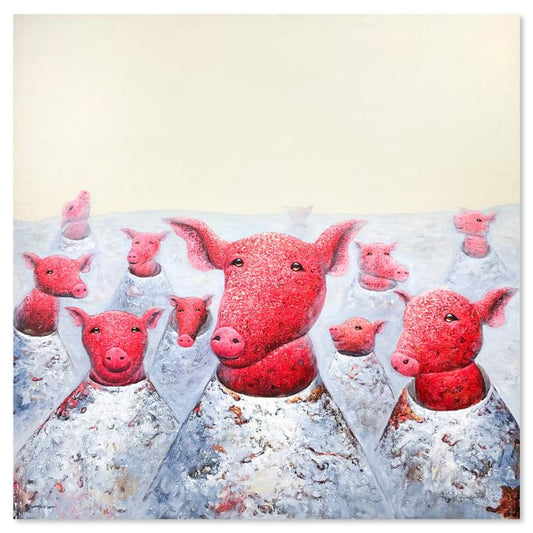 Wang, "Moon Pigs" Original Mixed Media Painting on Gallery Wrapped Canvas (55" x 55"), Hand Signed with Letter of Authenticity.